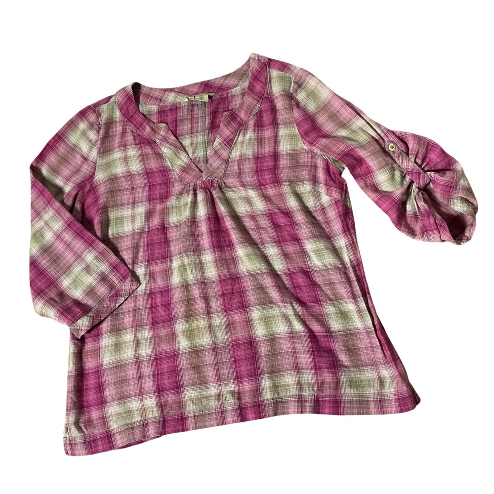 Royal Robbins Gorpcore Plaid Roll Tab Sleeve Top Womens M Pink V-Neck Outdoor